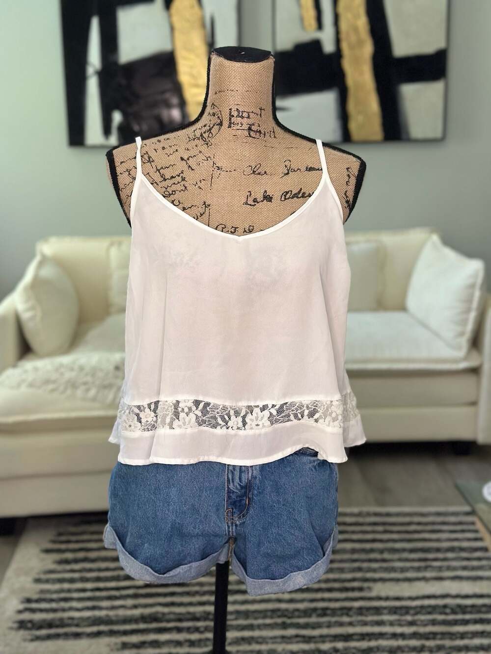 Ambiance Apparel White Lace Trim Crisscross Back Cami Tank Top